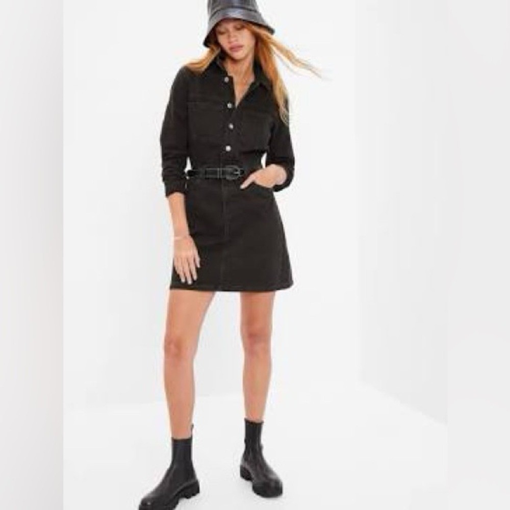 GAP Denim Mini Dress Long Sleeve Pocket in Black Wash Button Front Size 4